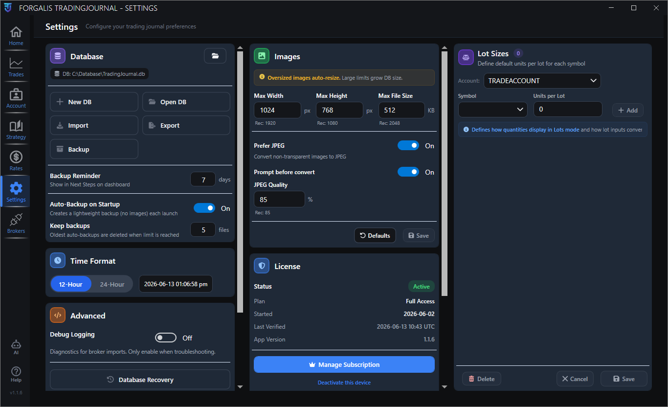 FTJ Settings page